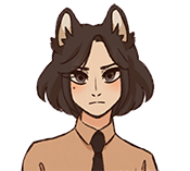 A young cat-eared demihuman woman with dark brown hair, soft hazel eyes, and a tense, guarded expression. She faces forward with a slight frown, her sharp ears rising above her head and her dark brown hair framing her face. She wears a tan dress shirt and a black tie.