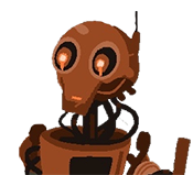 A friendly looking brown copper automaton with large glowing orange eyes, a long rounded face, and a thin antenna rises from a cylindrical mechanical body.