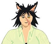 Black-haired cat woman with large pointed ears and a long facial scar smiles while wearing a pale green shirt.