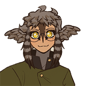 A birdlike demihuman woman with grey-brown hair, wide golden eyes, and feathered wings, faces forward with a calm but tense expression. She wears a dark green military jacket and a simple collar and large, round eyeglasses.