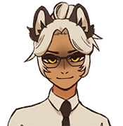 A fox-like demihuman woman with silver hair, narrow amber eyes, and a calm, calculating expression, wearing a dark suit and tie