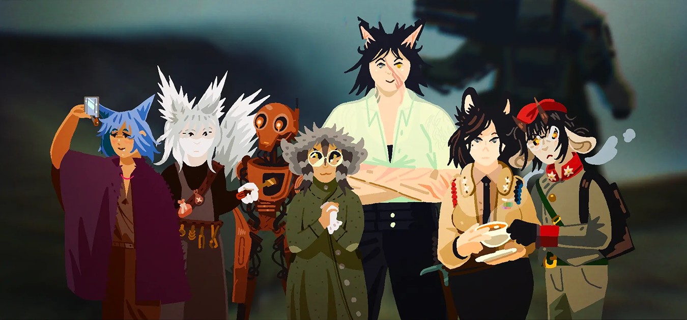 Seven diverse fantasy military companions pose closely together outdoors with a large, blurred mechanical vehicle fills the misty background. The characters are a blue-haired fox woman at left raises a flask upside down with a single drop of brown alcohol dripping out. Beside her is a white-haired squirrel woman, a copper automaton, a gray-feathered woman in glasses, a tall black-haired cat woman with many scars, a dark-haired catgirl with a red-capped, goat-like woman holding a cup standing beside her.