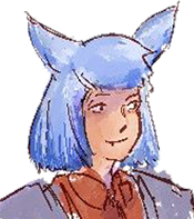 A blue-haired fox woman wearing a reddish-brown shirt.
