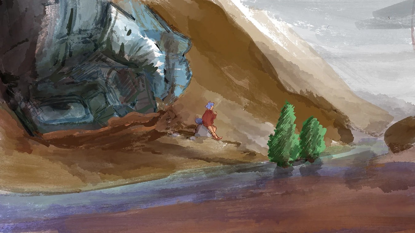 Iris Durrand sits alone on a riverbank, leaning against a rock with a cigarette in hand and a calm, slightly worn expression. The wider scene is a quiet, overcast riverside with muted blue-gray tones.