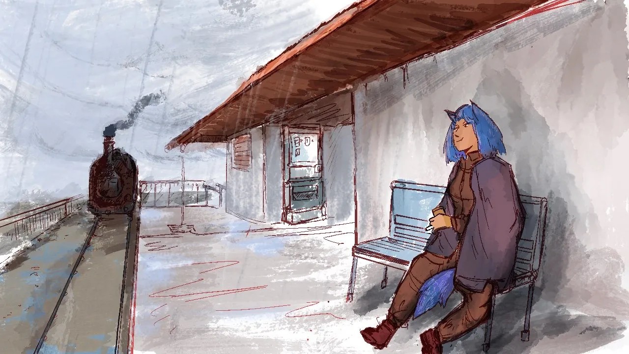 It is raining lightly, as a blue haired foxgirl sits on a train station platform holding a can of beer and a cigarette as a steam train approaches in the background.
