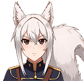 White-haired squirrel woman in a dark blue military uniform with gold trim, shown from the chest up 