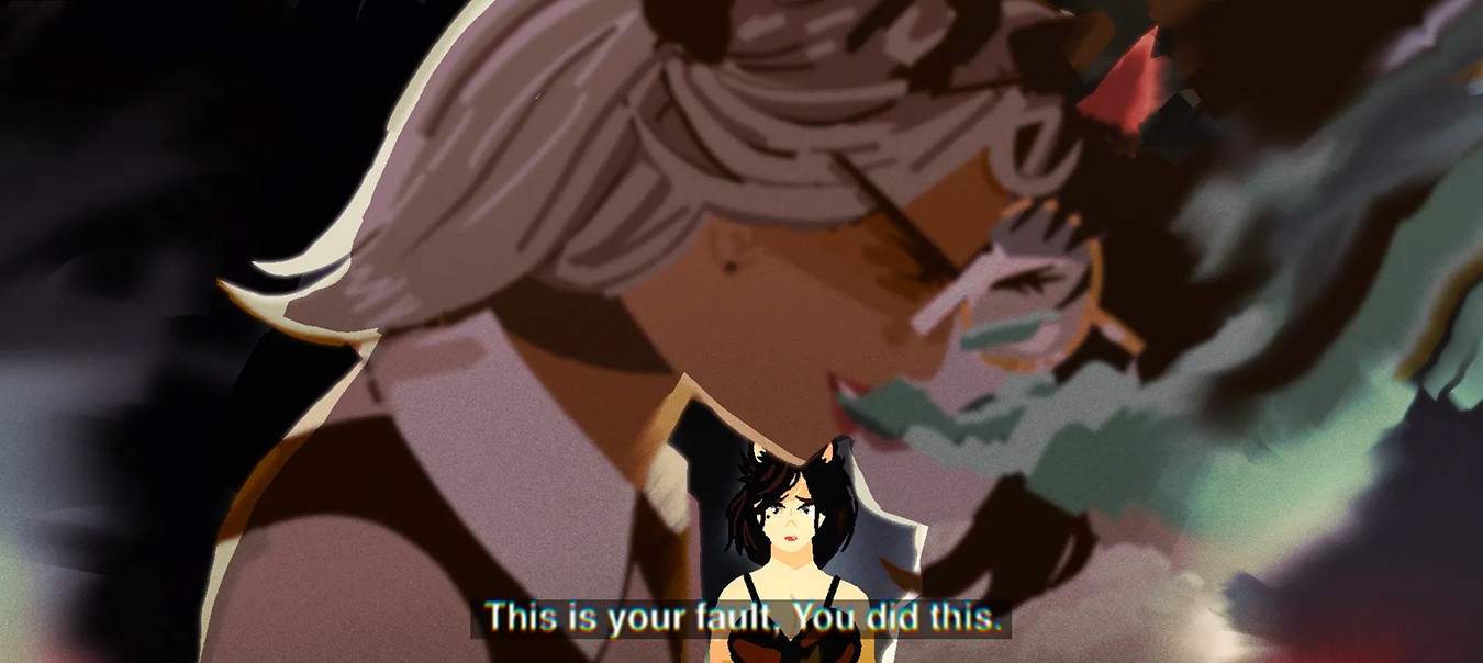 A silver-haired woman embraces and kisses a dark-haired woman who appears distressed while smoke surrounds them. A smaller cat-eared woman with dark hair stands in the background. Text across the image reads 'This is your fault. You did this.'