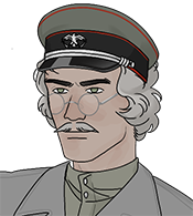 Sn older doglike demihuman man with white curly hair, round glasses, a neatly trimmed mustache, wearing a formal military cap and dark uniform.