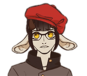 A young demihuman woman with long, floppy ears, dark brown hair, round glasses, and a deep red cap. She wears a dark military style coat.